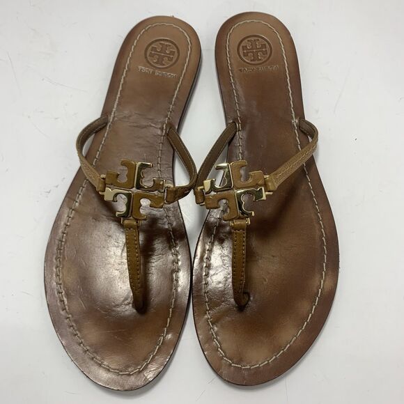 Tory Burch Golden Metal Logo T-Strap Leather Flat Sandals Size 9 Womens - Picture 4 of 11